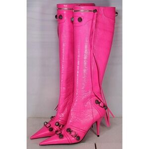 Balenciaga Cagole Boot Women Size 38 Fluo Pink Arena Lambskin Studded Knee High